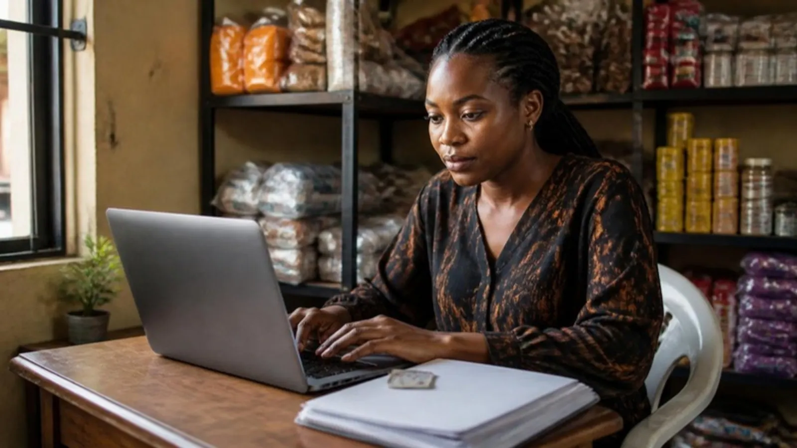 A Nigerian businesswoman working on a laptop in her stock room