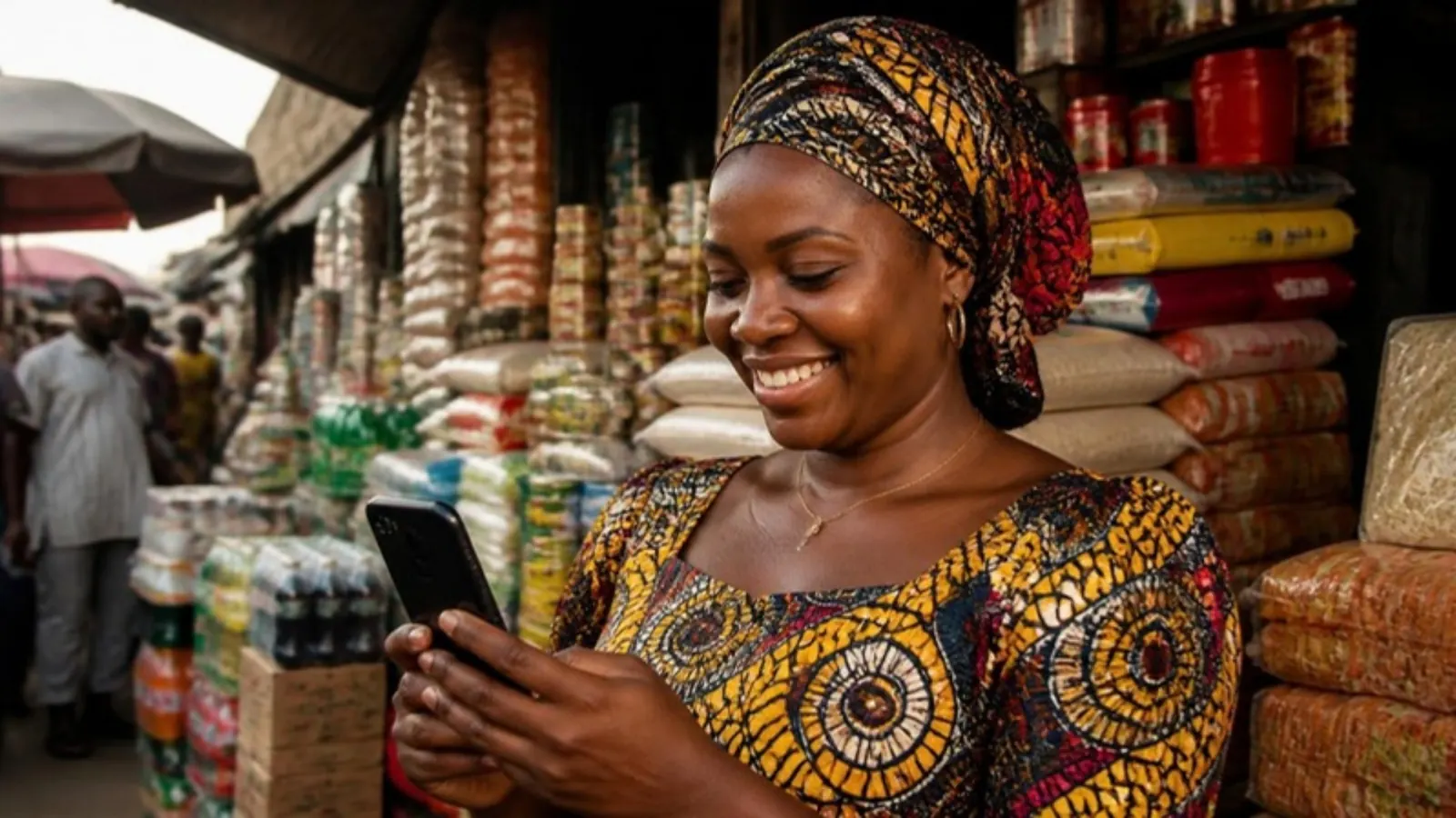 A Nigerian trader smiling at her phone at her provisions stall
