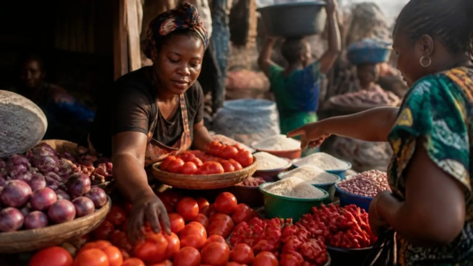A trader arranging tomatoes for a customer at a busy Nigerian market stall